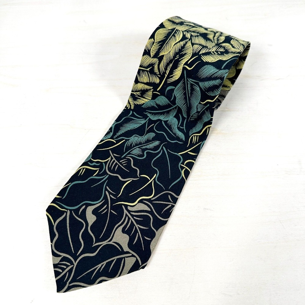 Carlo Palazzi‎ Handmade in Italy Silk NECKTIE Leaves Nature Silk Tie Black Green